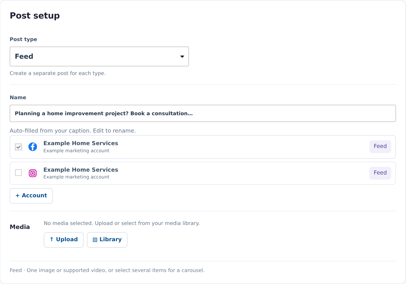 Post type, name, account checkboxes and media controls