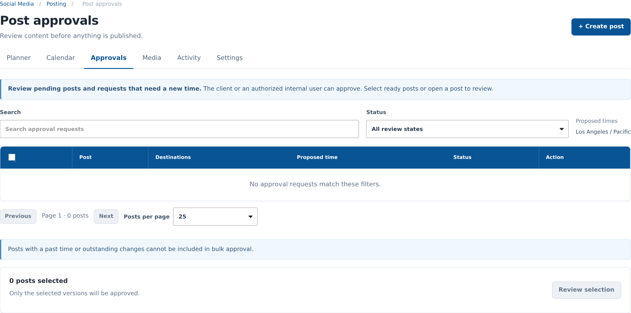 Approval queue with search, review status, proposed times and bulk selection