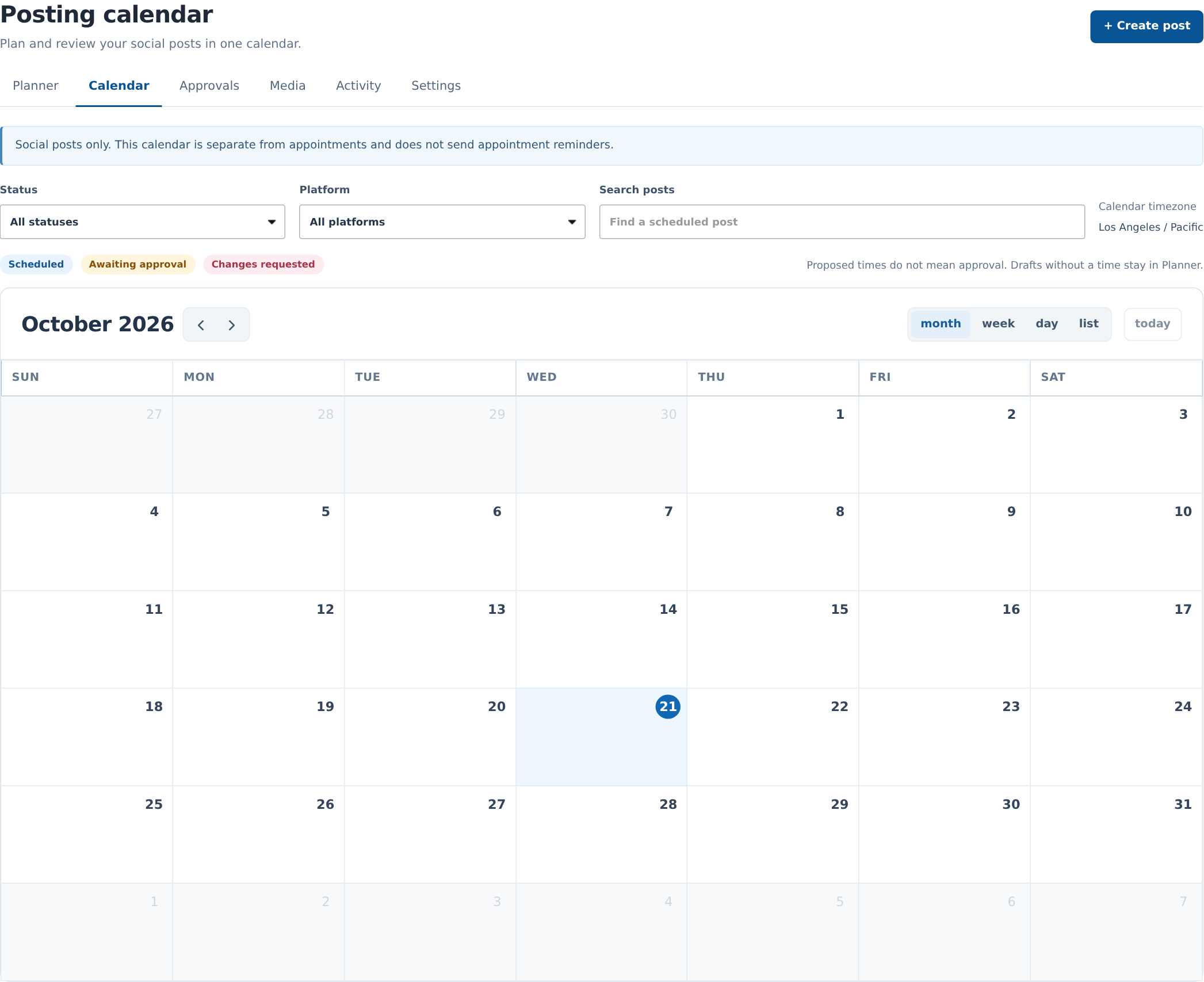 Social posting calendar with month, week, day, list and local time-zone controls