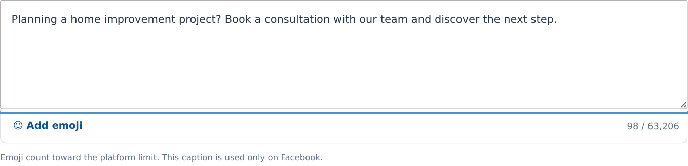 Facebook caption editor with example text, emoji control and character count
