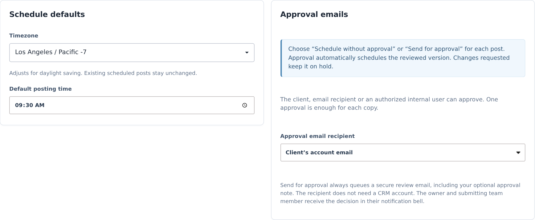 Local schedule defaults and approval email recipient settings