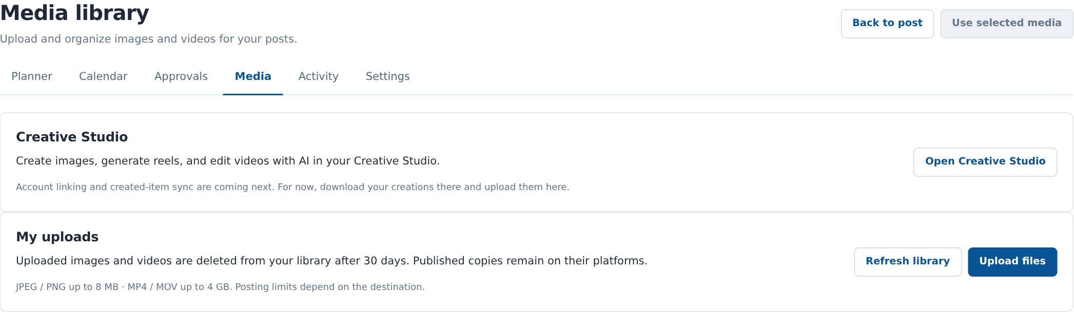 Media library controls for Creative Studio, refresh, upload and returning selected media to a post