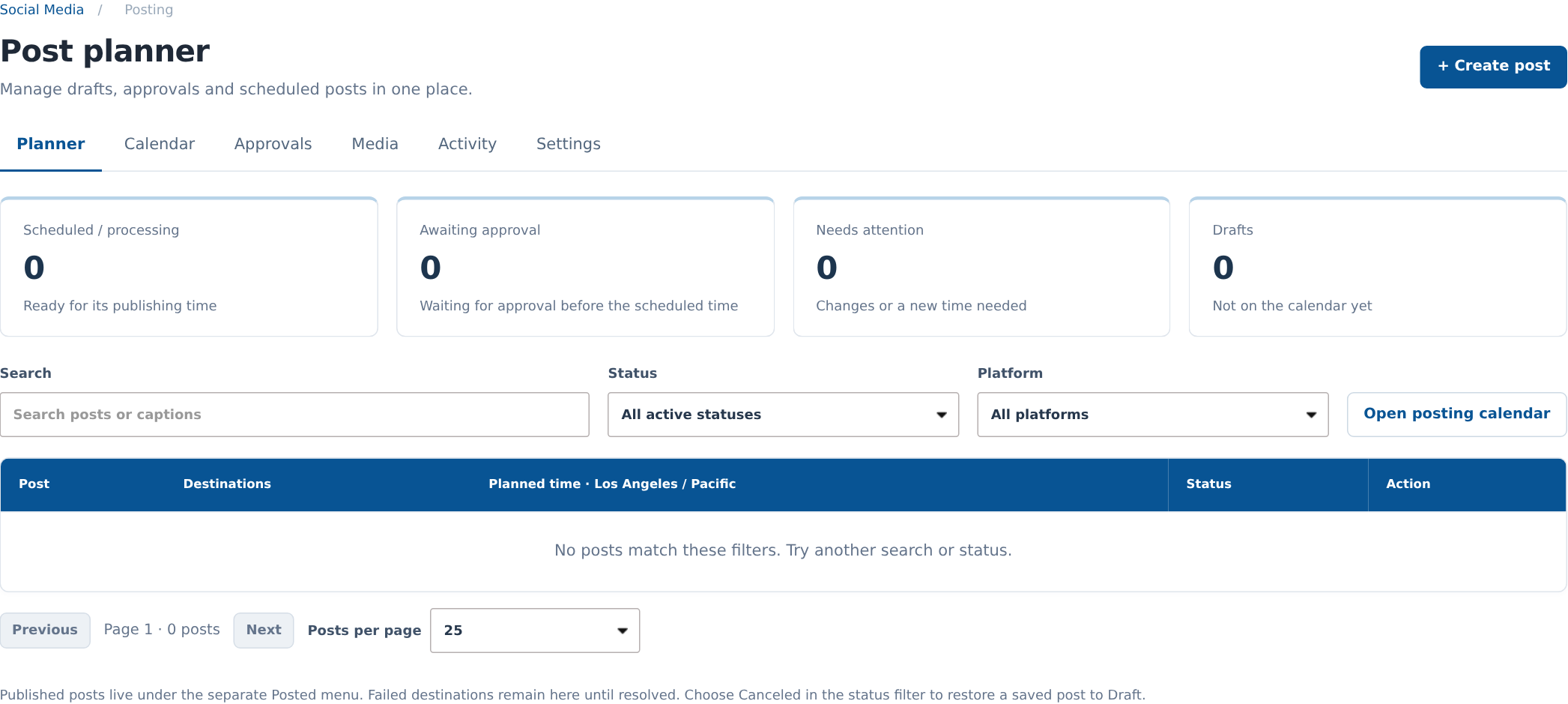 Social Posting Planner with draft, approval, scheduling and attention totals