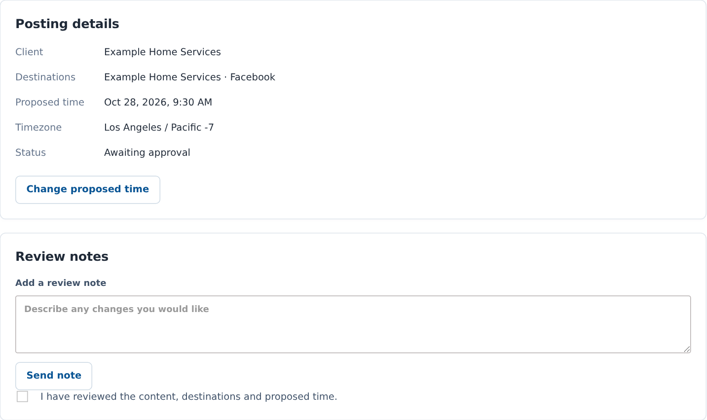 Posting details and review-note controls with the review confirmation checkbox