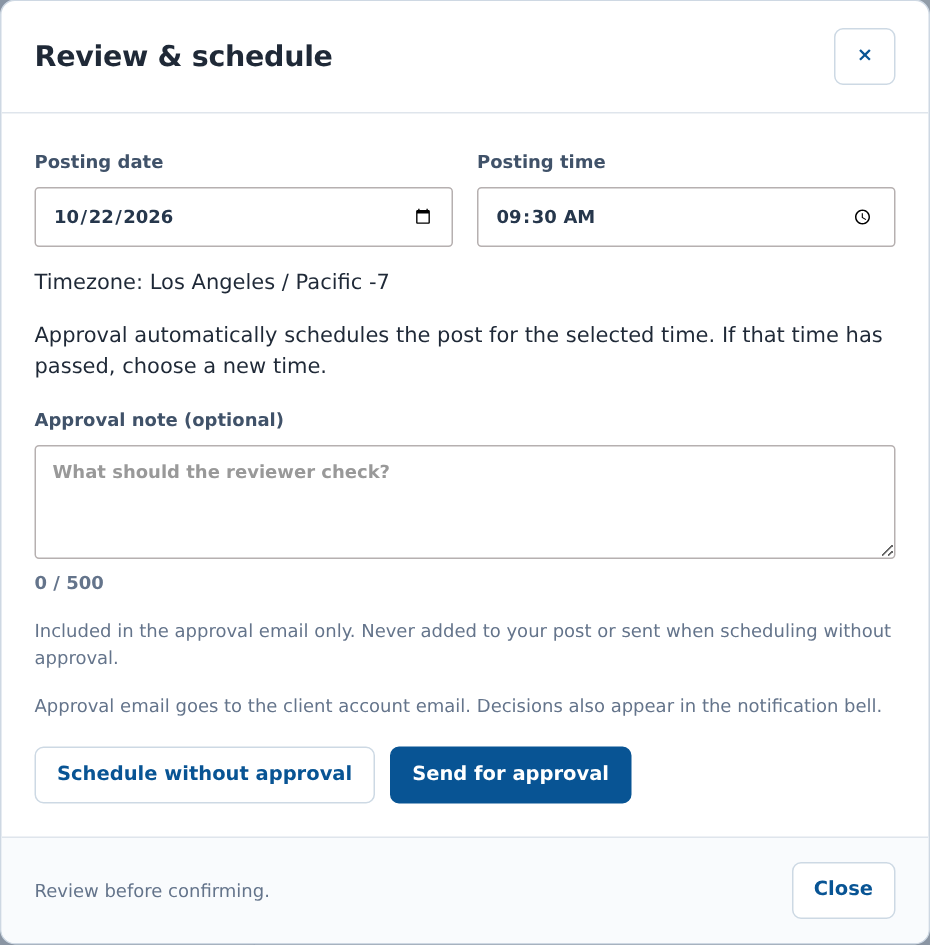 Review and schedule dialog with date, time, approval note and two scheduling choices
