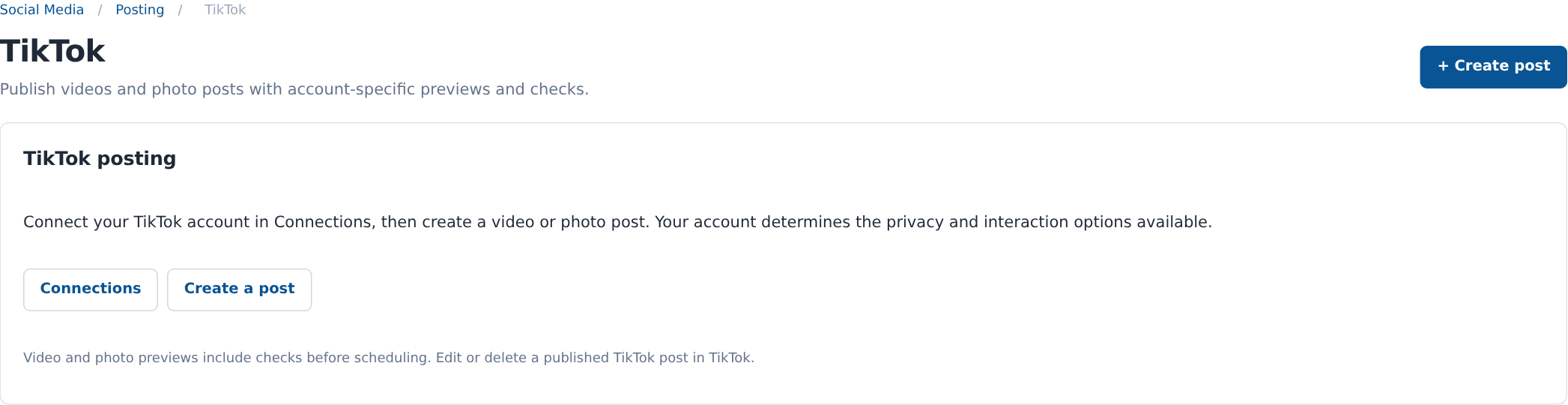 TikTok posting entry screen with Connections and Create a post links