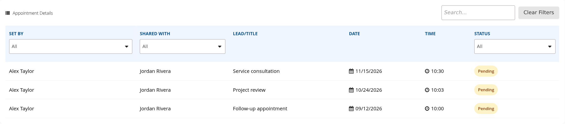Appointment Report table with search, Set By, Shared With and Status filters