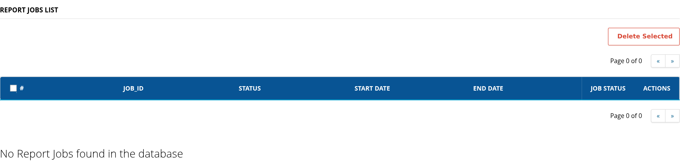 Report Jobs List showing the job columns and empty history