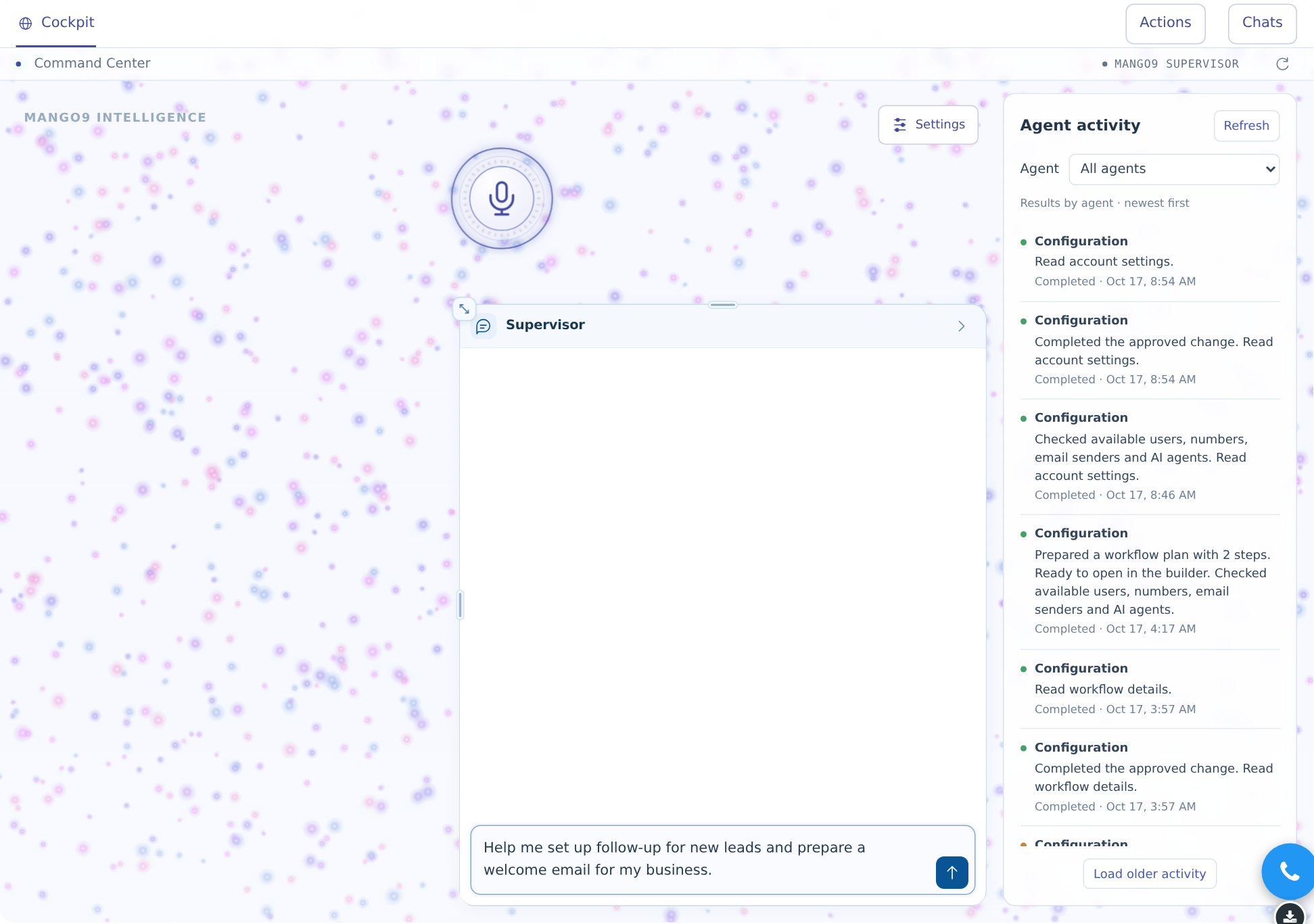 Command Center with Supervisor chat, Actions, Chats and Agent activity