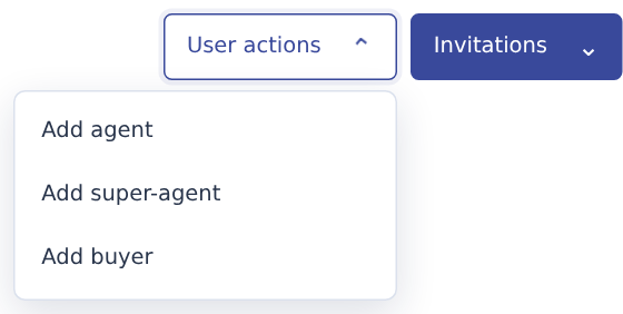 User actions menu with agent, super-agent and buyer choices