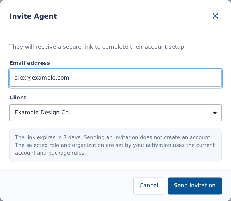 Invite Agent dialog with email and client