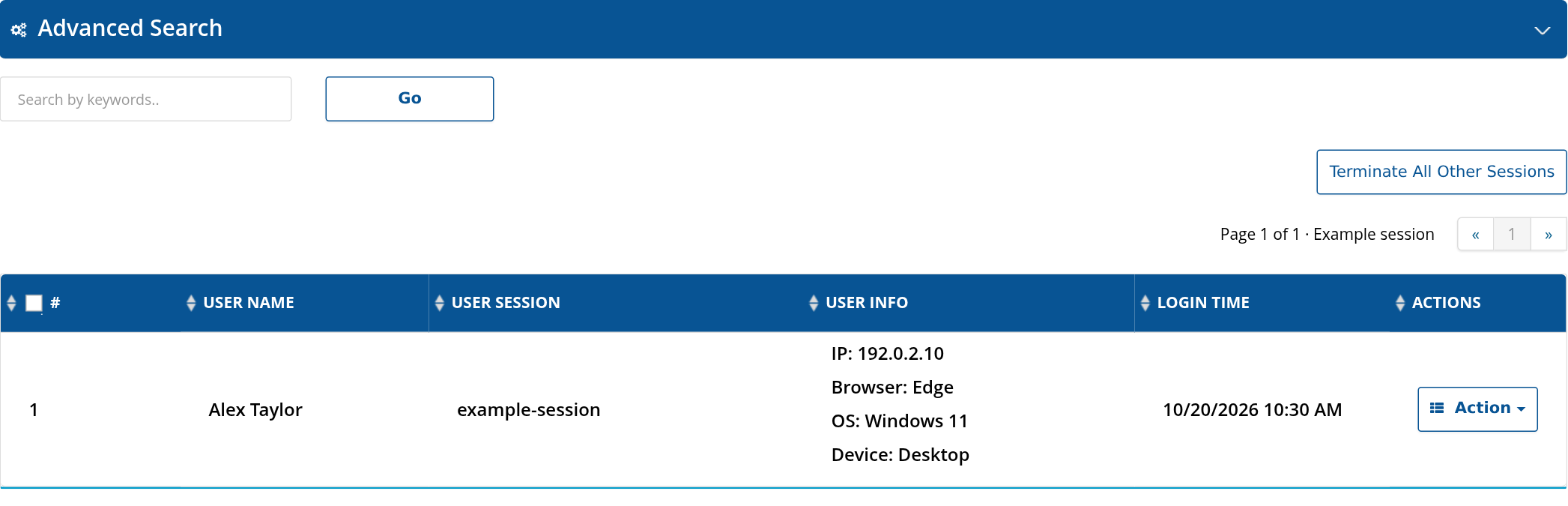 Online User session list and device controls