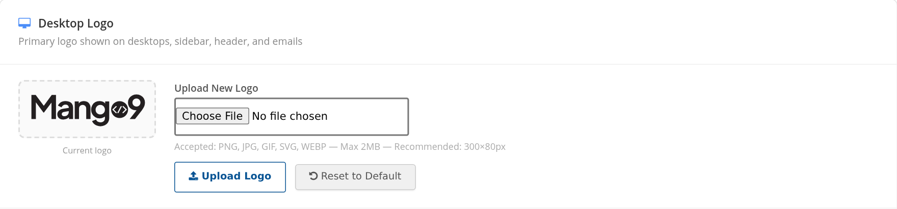 Desktop Logo preview, file chooser, Upload Logo and Reset to Default