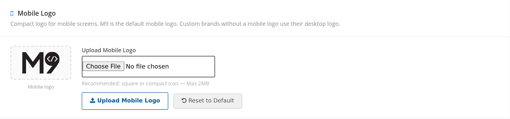 Mobile Logo preview with its separate file chooser, upload action and reset action