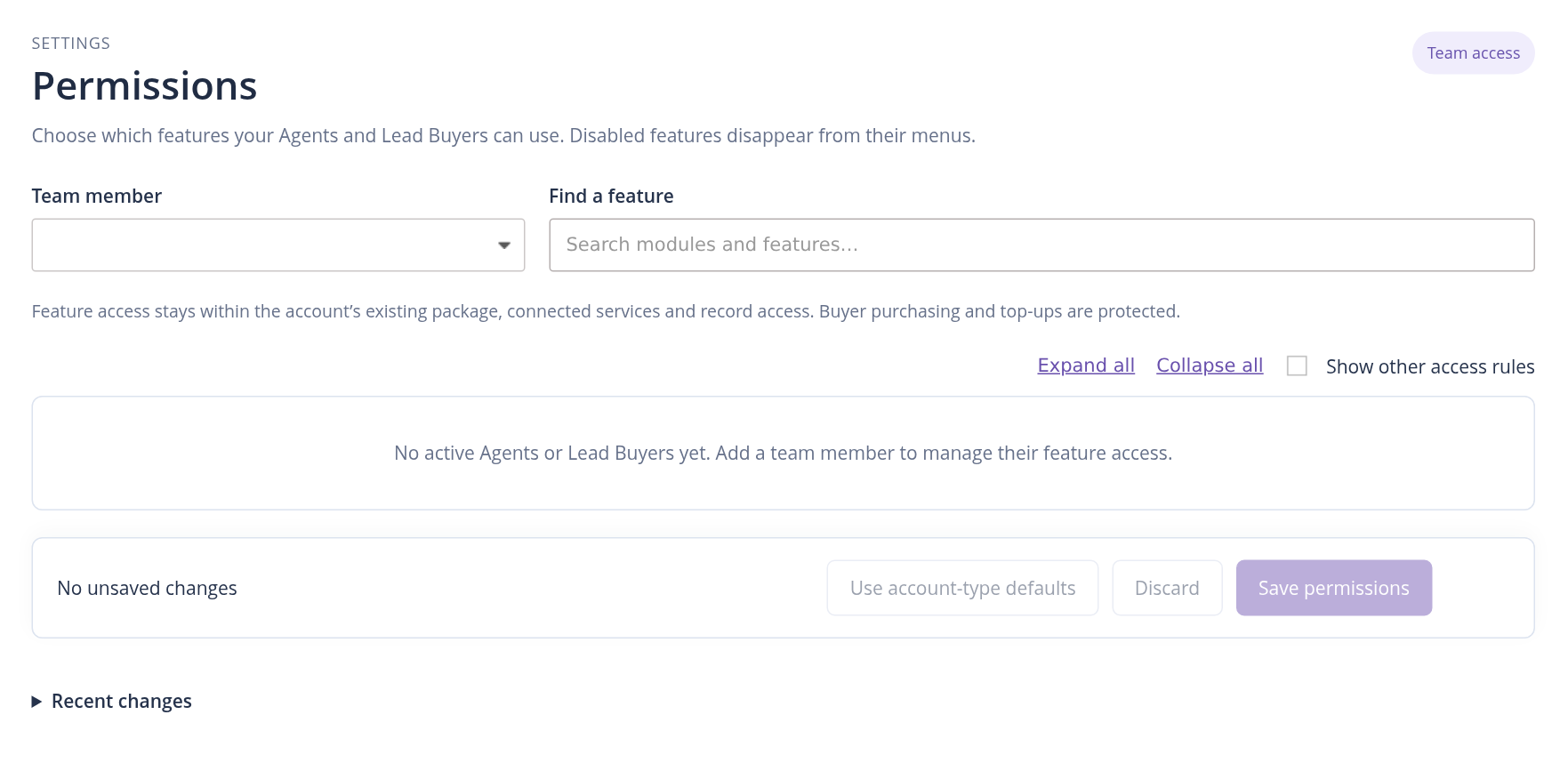 Permissions page showing the Team member selector and the prompt to add an active agent or lead buyer