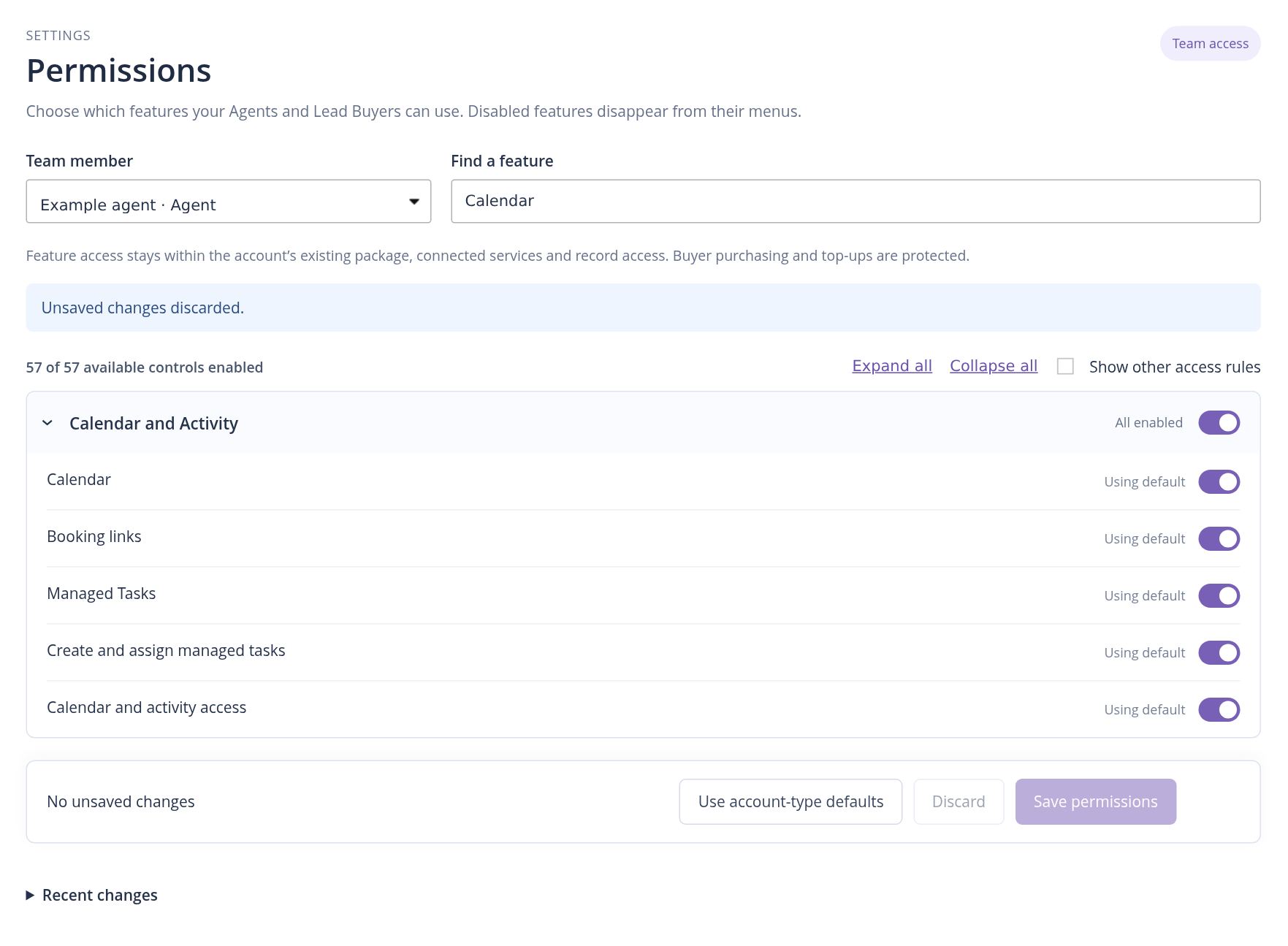 Native Permissions controls filtered to Calendar for an example agent, with individual and group switches