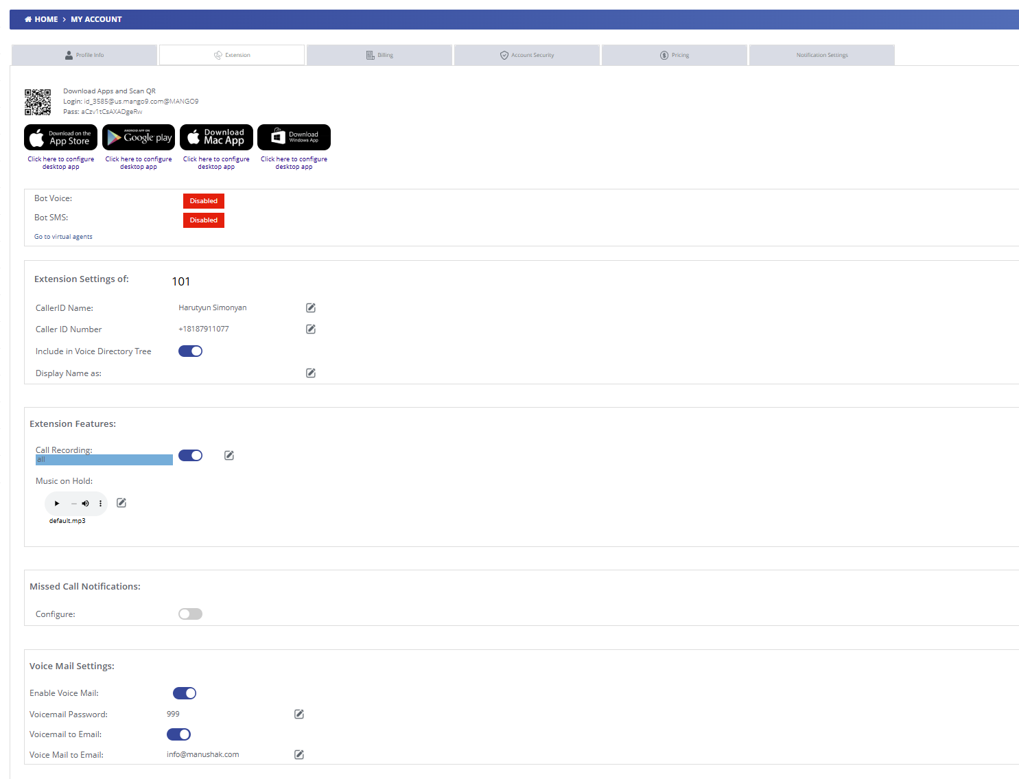 Extension Settings Interface