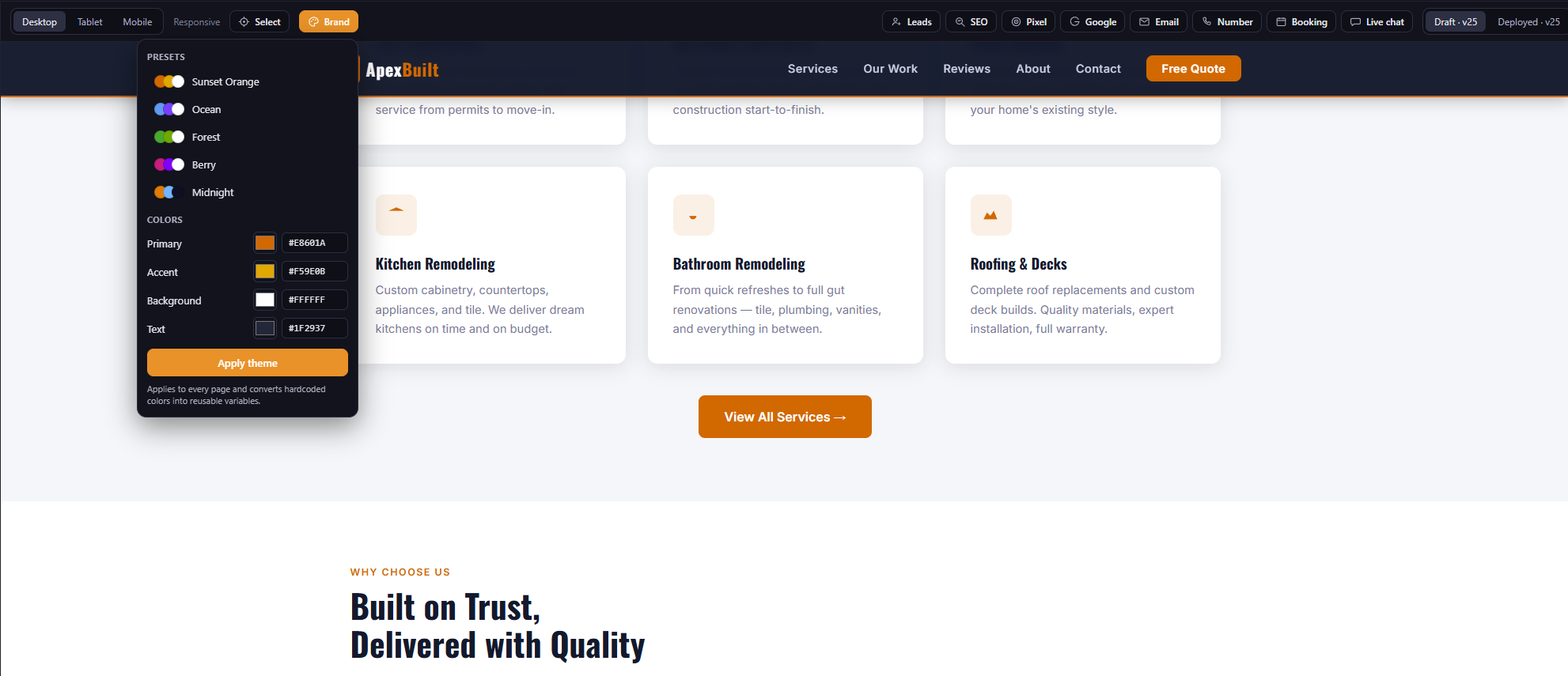 Brand theme panel showing color presets and editable Primary, Accent, Background, and Text colors