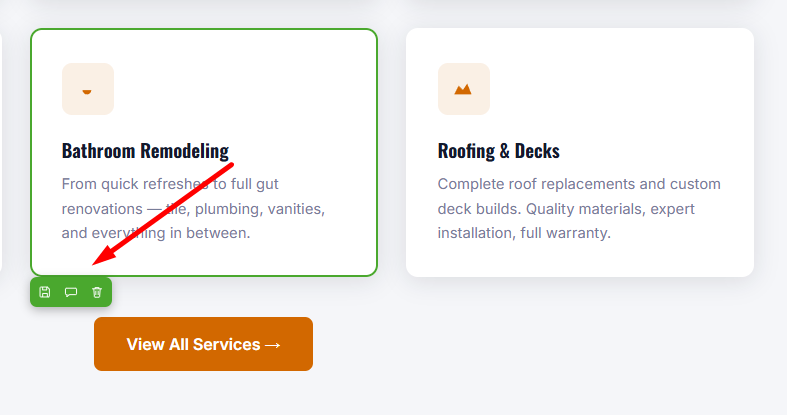 Inline editing toolbar on a service card with save, comment, and delete actions