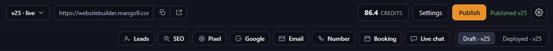 Website Builder top toolbar showing version selector, site URL, credits counter, Settings, and Publish button