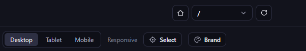 Responsive view toggles for Desktop, Tablet, and Mobile, plus Select and Brand buttons