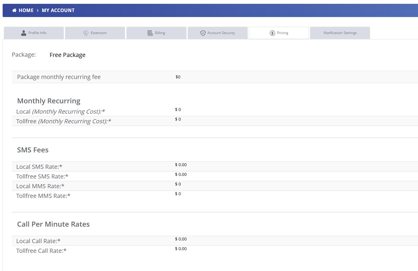 Pricing page showing package fees, SMS rates, and call per minute rates