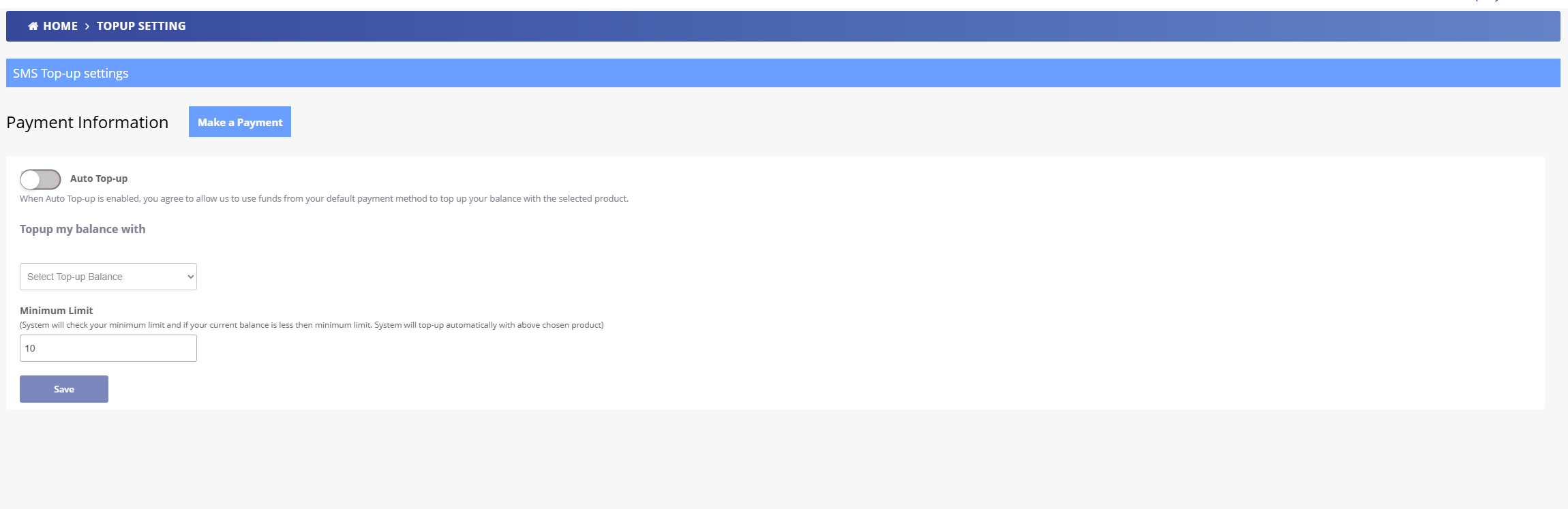 SMS Top-up Settings Interface